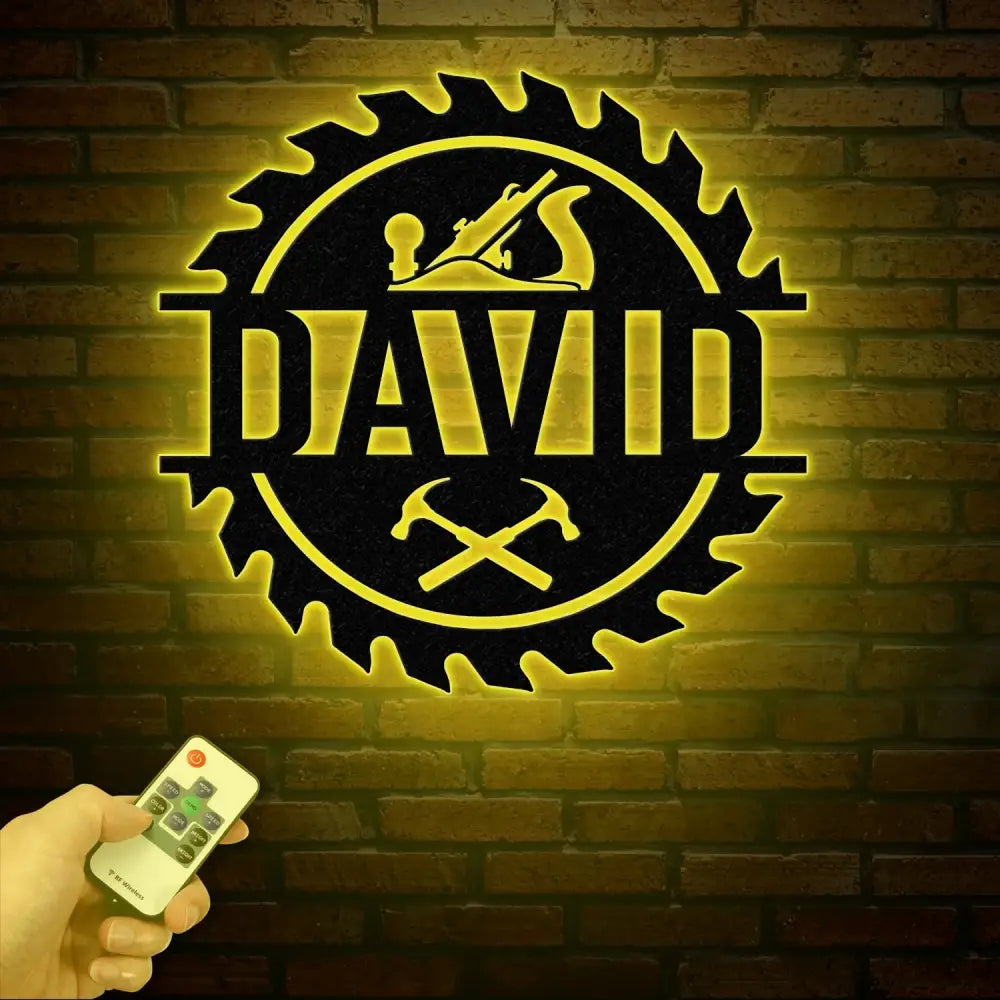 Personalized Wood Shop Sawblade Metal Sign with LED Light Custom Monogram Sign Construction Trades Decor Gift for Him