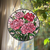 Pink Carnation Stained Glass Suncatcher Round Floral Window Hanging Mother’s Day Gift Elegant Garden Panel for Flower
