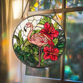 Pink Flamingo Stained Glass Suncatcher Tropical Window Hanging Decor Hibiscus Jungle Bird Panel Exotic Animal Lover