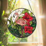 Pink Flamingo Stained Glass Suncatcher Tropical Window Hanging Decor Hibiscus Jungle Bird Panel Exotic Animal Lover
