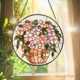 Pink Floral Vase Stained Glass Suncatcher Pastel Window Hanging Round Glass Art Panel Soft Garden Decor Gift for Her or