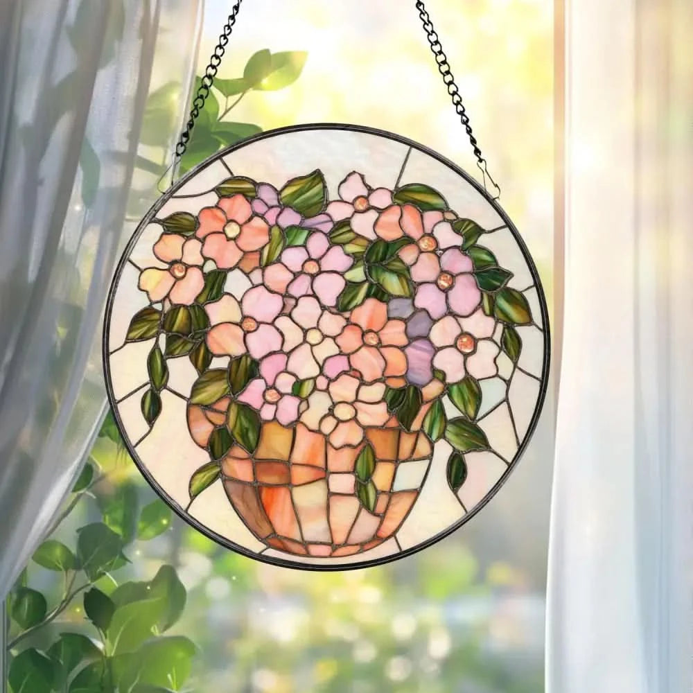 Pink Floral Vase Stained Glass Suncatcher Pastel Window Hanging Round Glass Art Panel Soft Garden Decor Gift for Her or