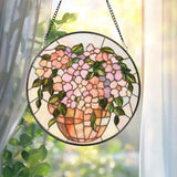 Pink Floral Vase Stained Glass Suncatcher Pastel Window Hanging Round Glass Art Panel Soft Garden Decor Gift for Her or