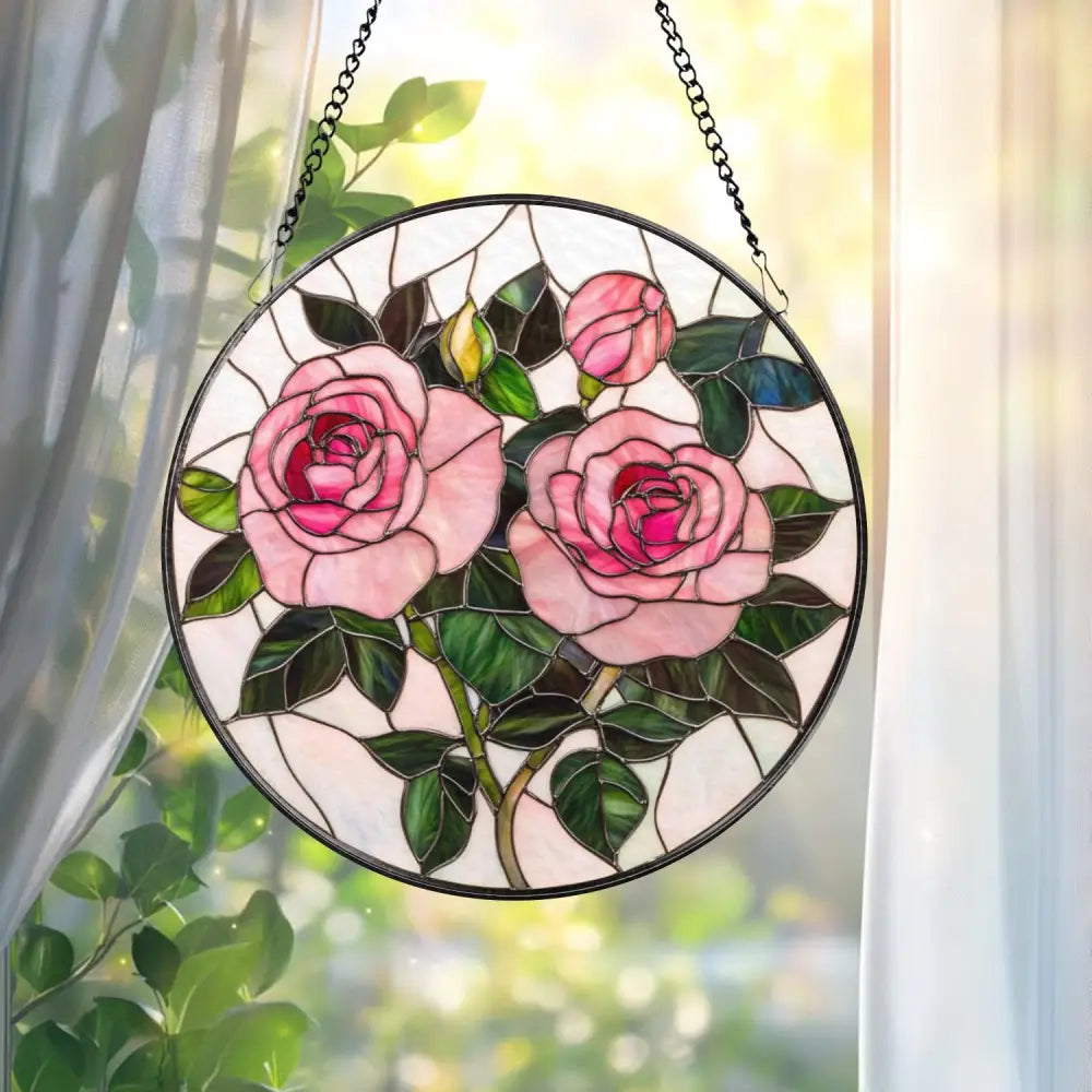 Pink Rose Stained Glass Suncatcher – Romantic Floral Window Hanging Rose Lover Gift Elegant Glass Art for Mom or Garden