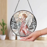 Pink Winter Angel Stained Glass Suncatcher Christmas Window Hanging Round Angel Glass Panel Spiritual Holiday Gift for