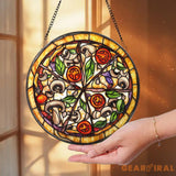 Pizza Stained Glass Suncatcher Foodie Window Hanging Decor Round Kitchen Art Panel Funny Gift for Pizza Lovers & Chefs