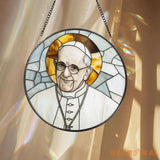 Pope Francis Stained Glass Suncatcher Catholic Window Hanging Religious Round Glass Art Christian Home Decor Gift for