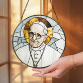 Pope Francis Stained Glass Suncatcher Catholic Window Hanging Religious Round Glass Art Christian Home Decor Gift for