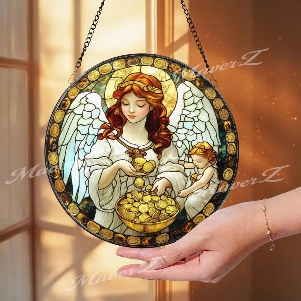 Prosperity Angel Stained Glass Suncatcher Wealth Blessing Guardian Window Panel Gold Coin Spiritual Decor Abundance