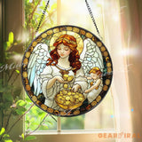 Prosperity Angel Stained Glass Suncatcher Wealth Blessing Guardian Window Panel Gold Coin Spiritual Decor Abundance