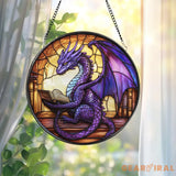 Purple Dragon Stained Glass Suncatcher Fantasy Window Hanging Book Lover Dragon Decor Gothic Glass Art Panel Gift for