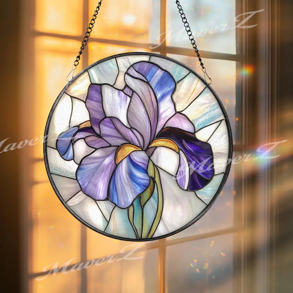 Purple Iris Stained Glass Suncatcher Handmade Floral Window Hanging with Elegant Petals Spring Garden Decor Gift for