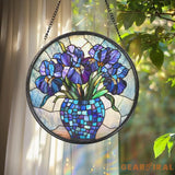 Purple Irises Glass Suncatcher Floral Window Decor Birth Flower Gift for Mom Handmade Garden Accent Gift for Flower