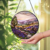 Purple Irish Hills and Sheep Stained Glass Suncatcher Countryside Window Hanging Nature-Inspired Irish Decor Gift for