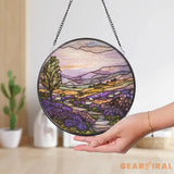 Purple Irish Hills and Sheep Stained Glass Suncatcher Countryside Window Hanging Nature-Inspired Irish Decor Gift for