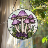 Purple Mushroom Stained Glass Suncatcher Cottagecore Fairy Window Panel Whimsical Nature Decor for Boho Homes &