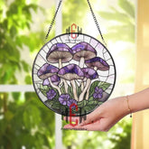 Purple Mushroom Stained Glass Suncatcher Cottagecore Window Hanging Whimsical Fungi Glass Panel Botanical Decor for