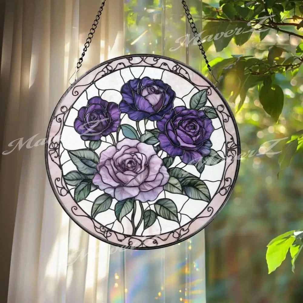 Purple Rose Stained Glass Suncatcher Romantic Floral Window Panel Lavender Rose Gift for Garden Lovers & Elegant Home