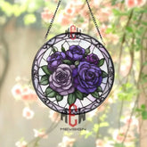 Purple Rose Stained Glass Suncatcher Round Floral Window Hanging Lavender & Violet Rose Panel Romantic Gift for Garden