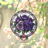 Purple Rose Stained Glass Suncatcher Round Floral Window Hanging Lavender & Violet Rose Panel Romantic Gift for Garden