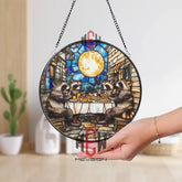 Raccoon Dinner Stained Glass Suncatcher Funny Animal Window Hanging Full Moon Glass Panel Woodland Friends Decor