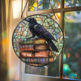 Raven on Books Suncatcher Gothic Stained Glass Decor Dark Academia Window Hanging Crow Art Panel Book Lover Gift