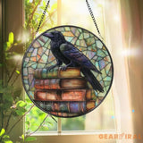 Raven on Books Suncatcher Gothic Stained Glass Decor Dark Academia Window Hanging Crow Art Panel Book Lover Gift