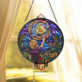Reach for the Stars Stained Glass Suncatcher Galaxy Night Sky Art Panel Round Cosmic Window Hanging with Child & Sun