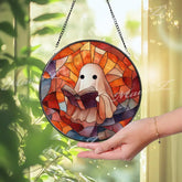 Reading Ghost Stained Glass Suncatcher Whimsical Halloween Window Panel Cozy Spooky Decor Book Lover Gift Ghost Reading