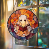Reading Ghost Stained Glass Suncatcher Whimsical Halloween Window Panel Cozy Spooky Decor Book Lover Gift Ghost Reading