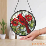Red Cardinal Stained Glass Suncatcher Memorial Bird Window Hanging Floral Round Glass Art Gift for Nature and Bird