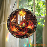 Red Dragon Reading Book Stained Glass Suncatcher Fantasy Window Hanging Library Dragon Decor Magic Lover Gift Idea