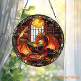 Red Dragon Reading Book Stained Glass Suncatcher Fantasy Window Hanging Library Dragon Decor Magic Lover Gift Idea