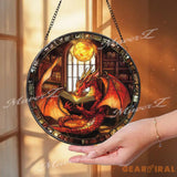 Red Dragon Reading Book Stained Glass Suncatcher Fantasy Window Hanging Library Dragon Decor Magic Lover Gift Idea