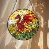 Red Dragon Stained Glass Suncatcher Fantasy Window Decor Daffodil Field Art Panel Mythical Creature Sun Catcher Gift