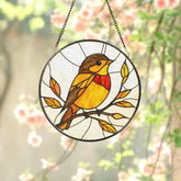 Robin Stained Glass Suncatcher Autumn Bird Window Hanging Round Glass Panel with Fall Leaves Gift for Nature & Bird