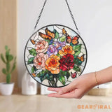 Rose Bouquet and Butterfly Stained Glass Suncatcher Colorful Floral Window Hanging Romantic Glass Art Gift for Garden