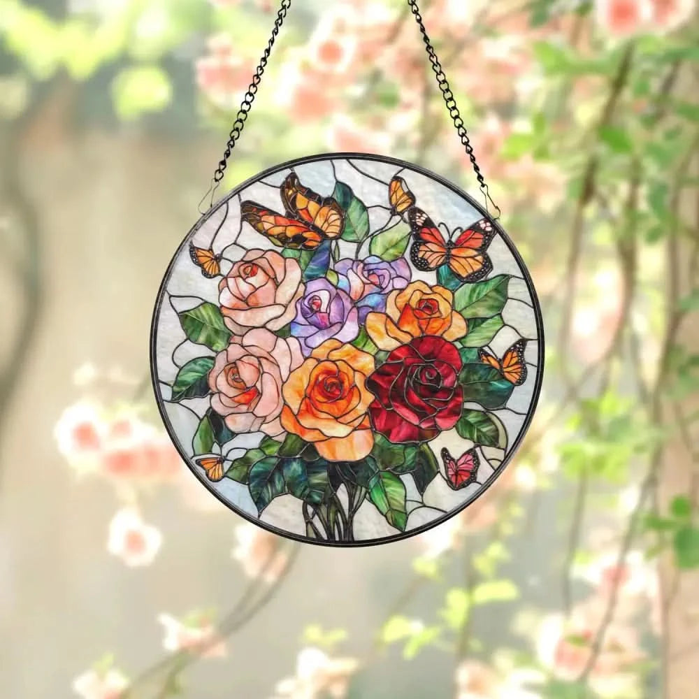 Rose Bouquet and Butterfly Stained Glass Suncatcher Colorful Floral Window Hanging Romantic Glass Art Gift for Garden