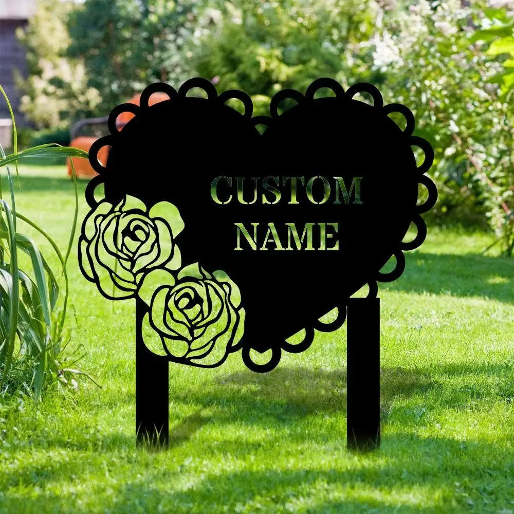 Rose Heart Garden Sign Rose Metal Stake Personalized Name Yard Sign Outdoor Door Garden Decor Metal Sign Garden Lovers