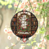 Rose Window Library Stained Glass Suncatcher Elegant Open Book Panel Vintage Floral Window Decor for Readers & Book