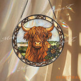 Rustic Highland Cow Stained Glass Suncatcher with Celtic Knot Border Shaggy Scottish Farmhouse Window Art Gift for