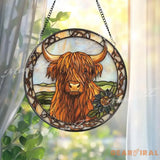 Rustic Highland Cow Stained Glass Suncatcher with Celtic Knot Border Shaggy Scottish Farmhouse Window Art Gift for