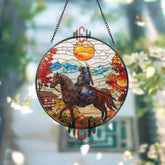 Samurai on Horse Stained Glass Suncatcher Japanese Warrior Window Art Autumn Mountain Scene Bushido Decor Zen Gift for