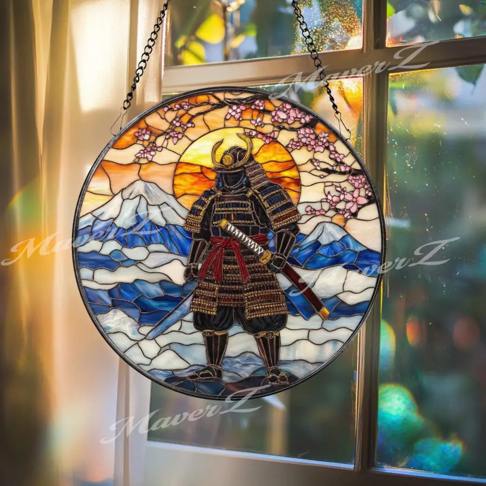 Samurai Warrior Stained Glass Suncatcher Mount Fuji Window Hanging Rising Sun Glass Art Japanese Bushido Decor Zen Gift