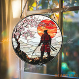 Samurai Warrior Stained Glass Suncatcher with Cherry Blossoms and Red Sunset Traditional Japanese Window Art Zen