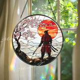 Samurai Warrior Stained Glass Suncatcher with Cherry Blossoms and Red Sunset Traditional Japanese Window Art Zen