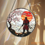 Samurai Warrior Stained Glass Suncatcher with Cherry Blossoms and Red Sunset Traditional Japanese Window Art Zen