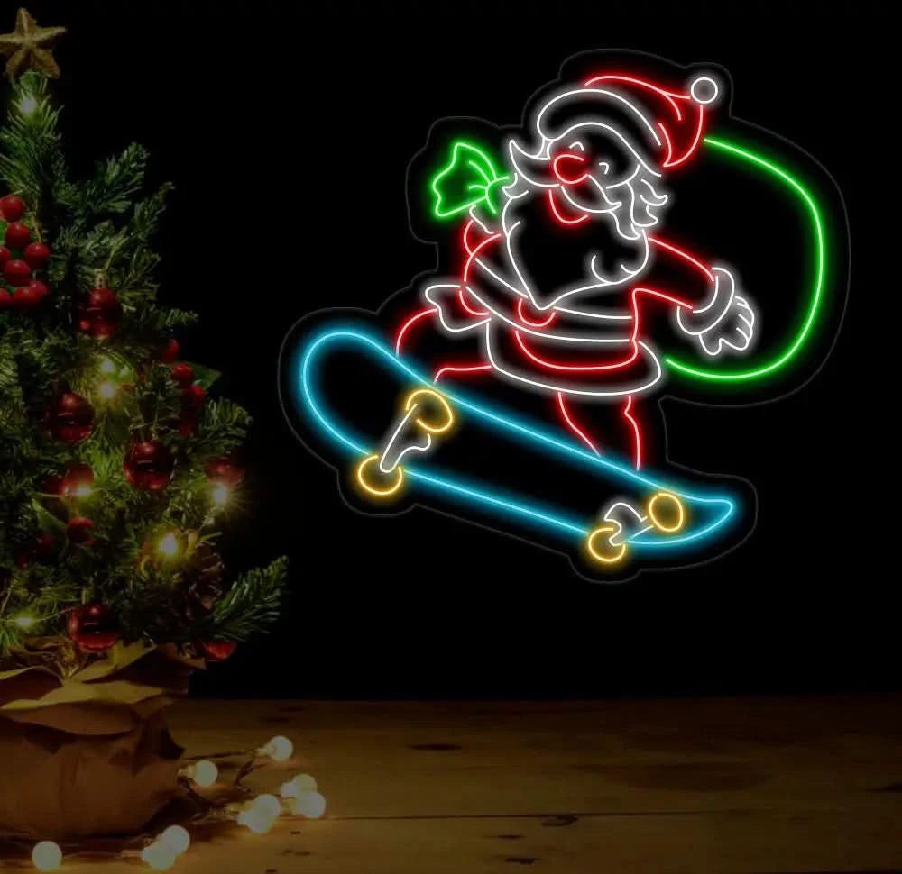 Santa Claus Skatebroading Neon Sign Christmas Led Sign Santa Led Light Merry Christmas Neon Light Christmas Decoration