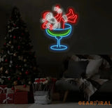 Santa Drinking Martini Neon Sign - Merry Christmas LED Light Santa Claus Neon Sign Martini Cocktail Wall Art Festive