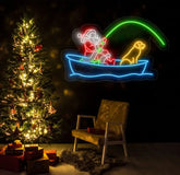 Santa Fishing Neon Sign - Merry Christmas LED Light Santa Claus Wall Art Festive Santa Neon Sign Holiday House Wall
